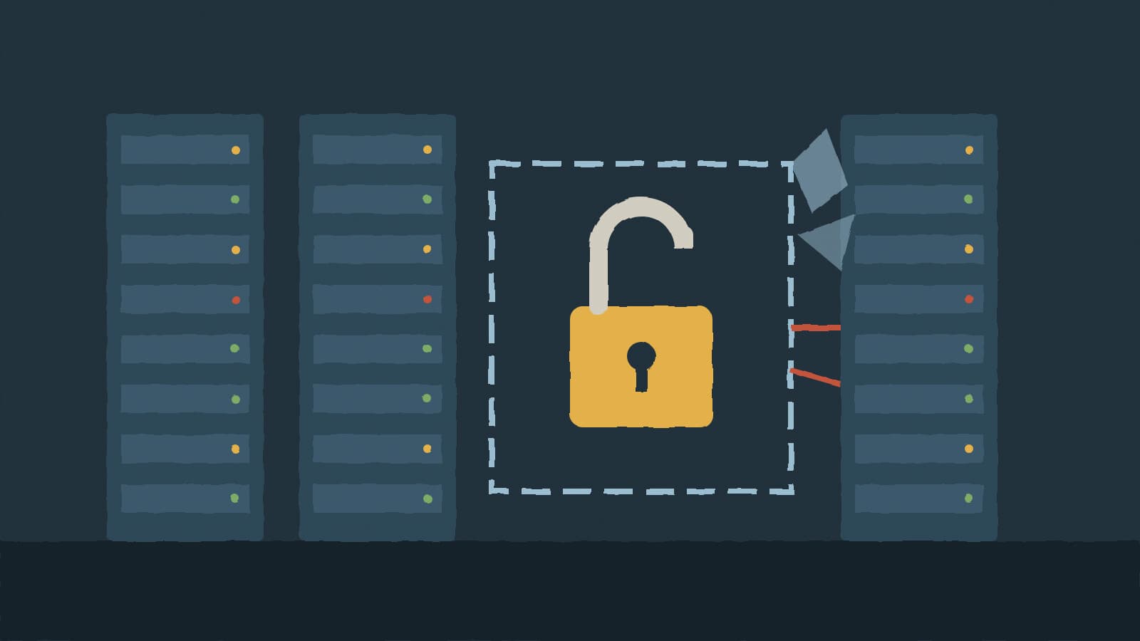 Open padlock among servers - illustration, Jake Team LLC