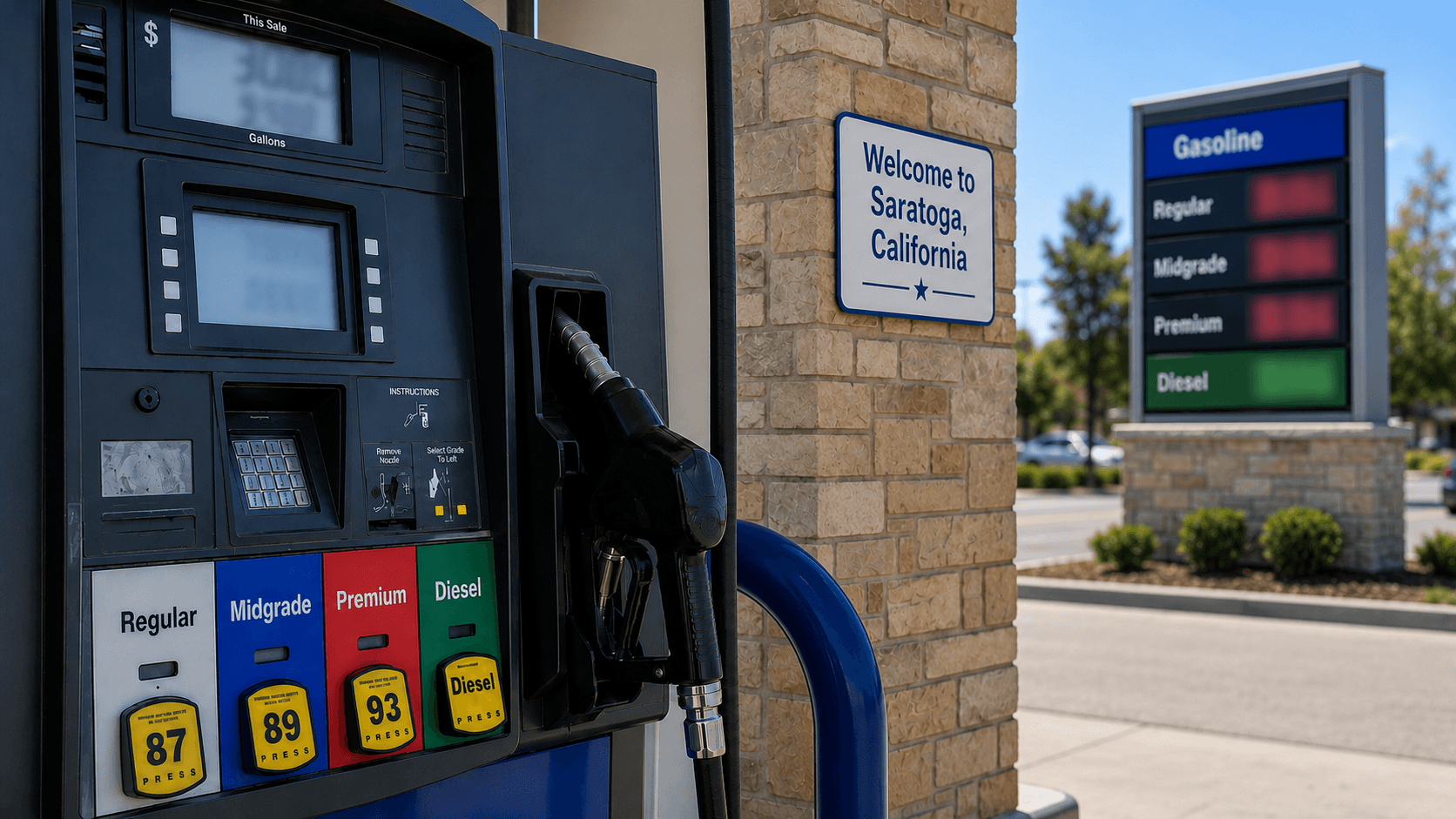 Gas prices at the pump in Saratoga California - Illustration Jake Team LLC