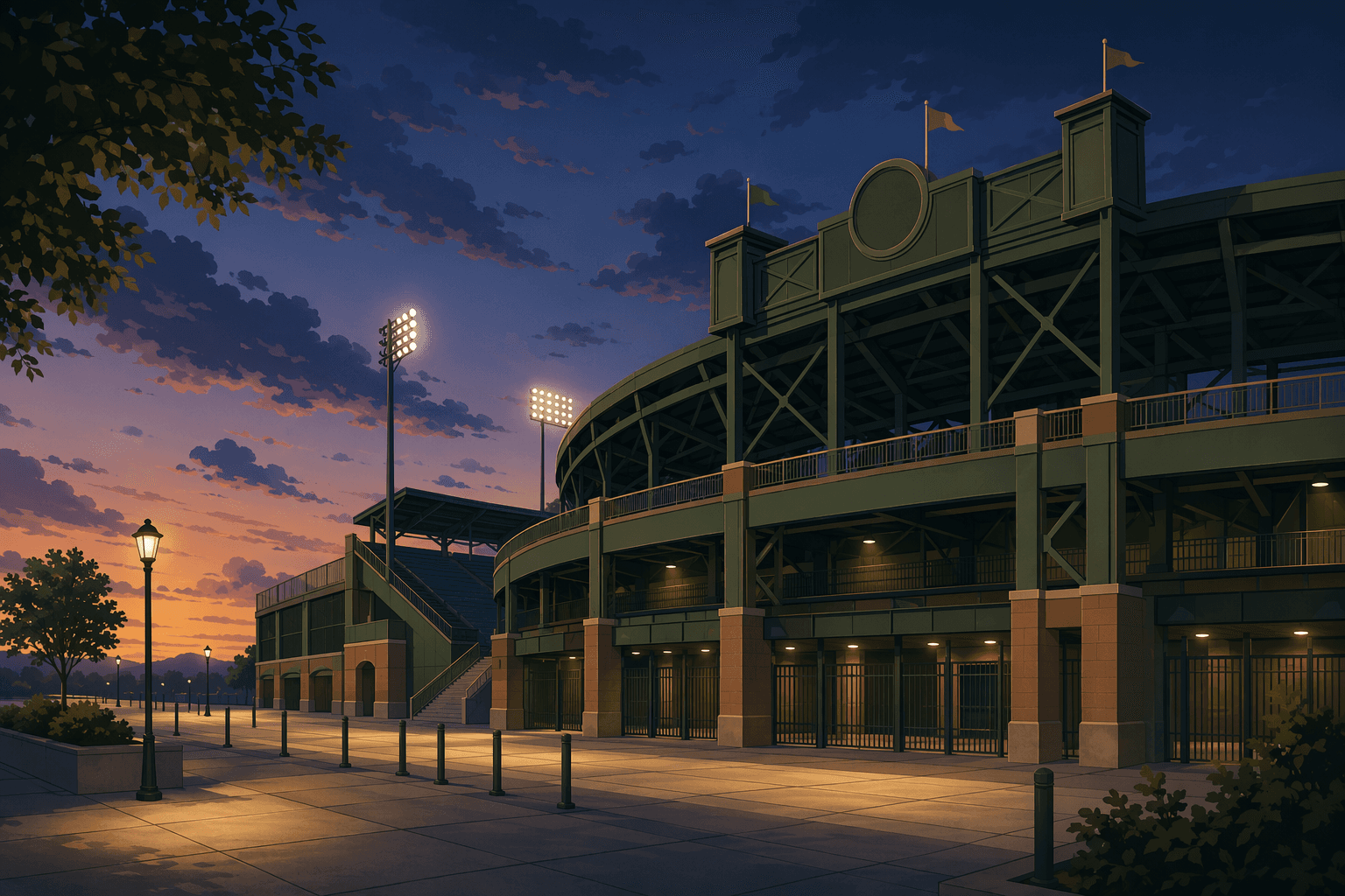 Baseball stadium sunset - illustration, Jake Team LLC