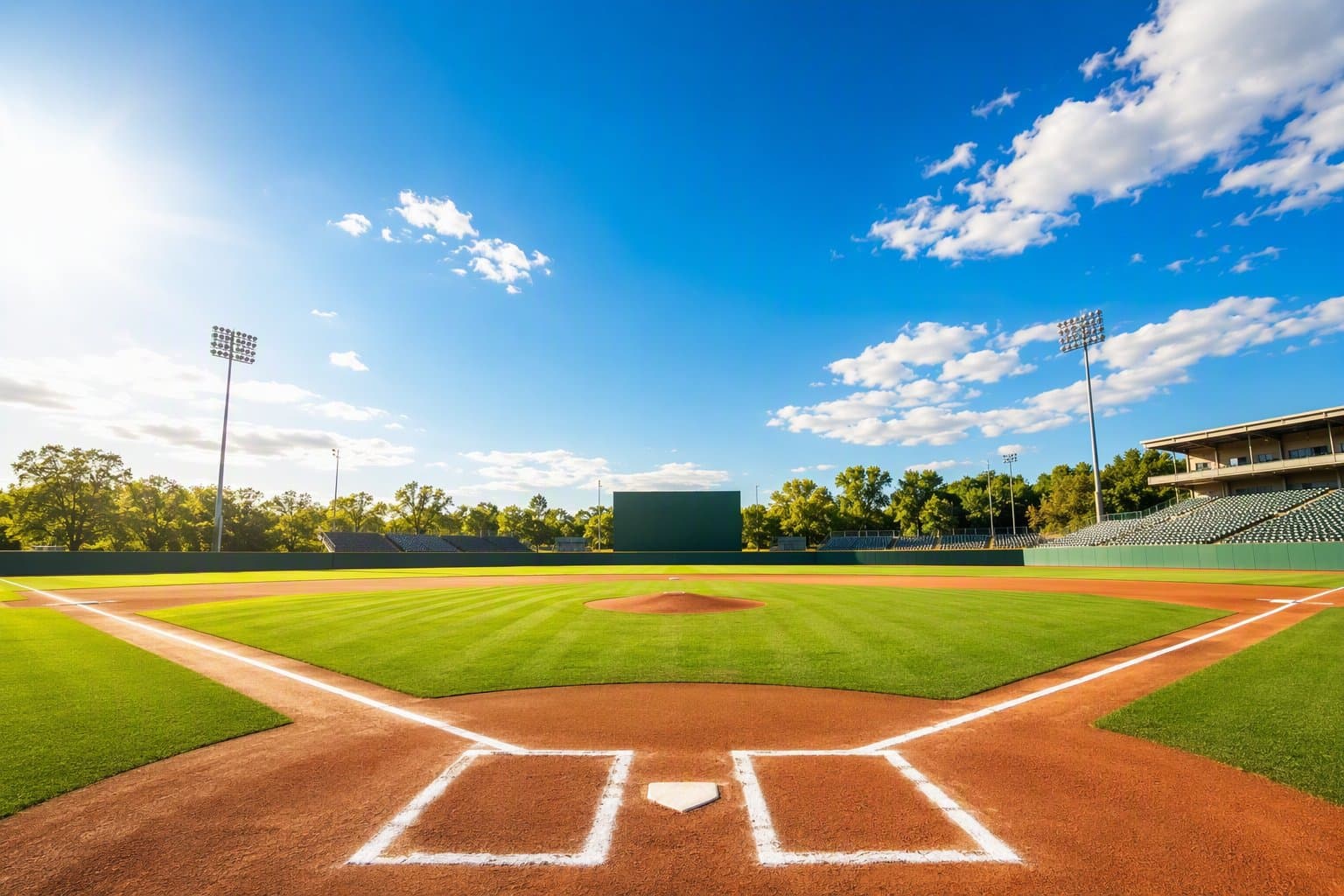 empty sunlit baseball stadium - illustration, Jake Team LLC