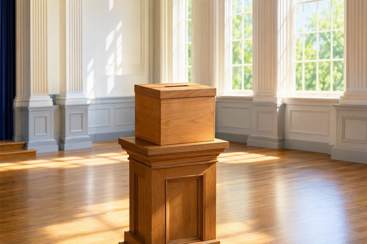 ballot box in sunlit hall - illustration, Jake Team LLC