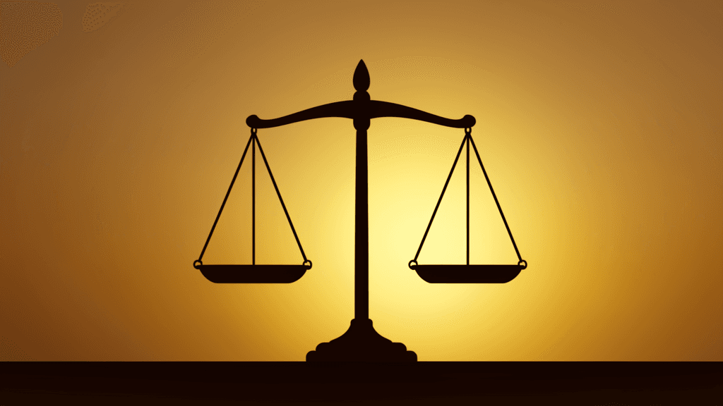Balanced scales of justice on golden sunset, representing California fiscal strength — illustration, Jake Team LLC