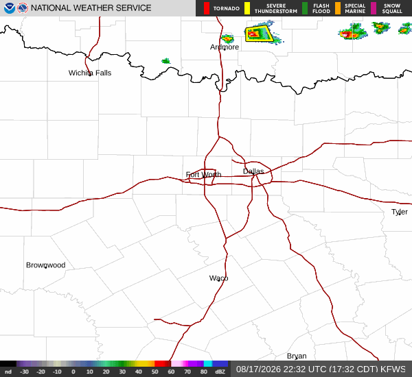 Latest National Weather Service radar for North Texas (KFWS radar). Source: radar.weather.gov.