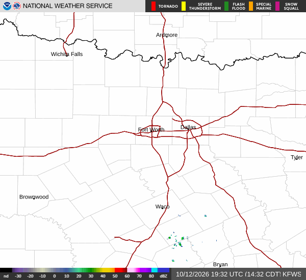 Latest National Weather Service radar for North Texas (KFWS radar). Source: radar.weather.gov.