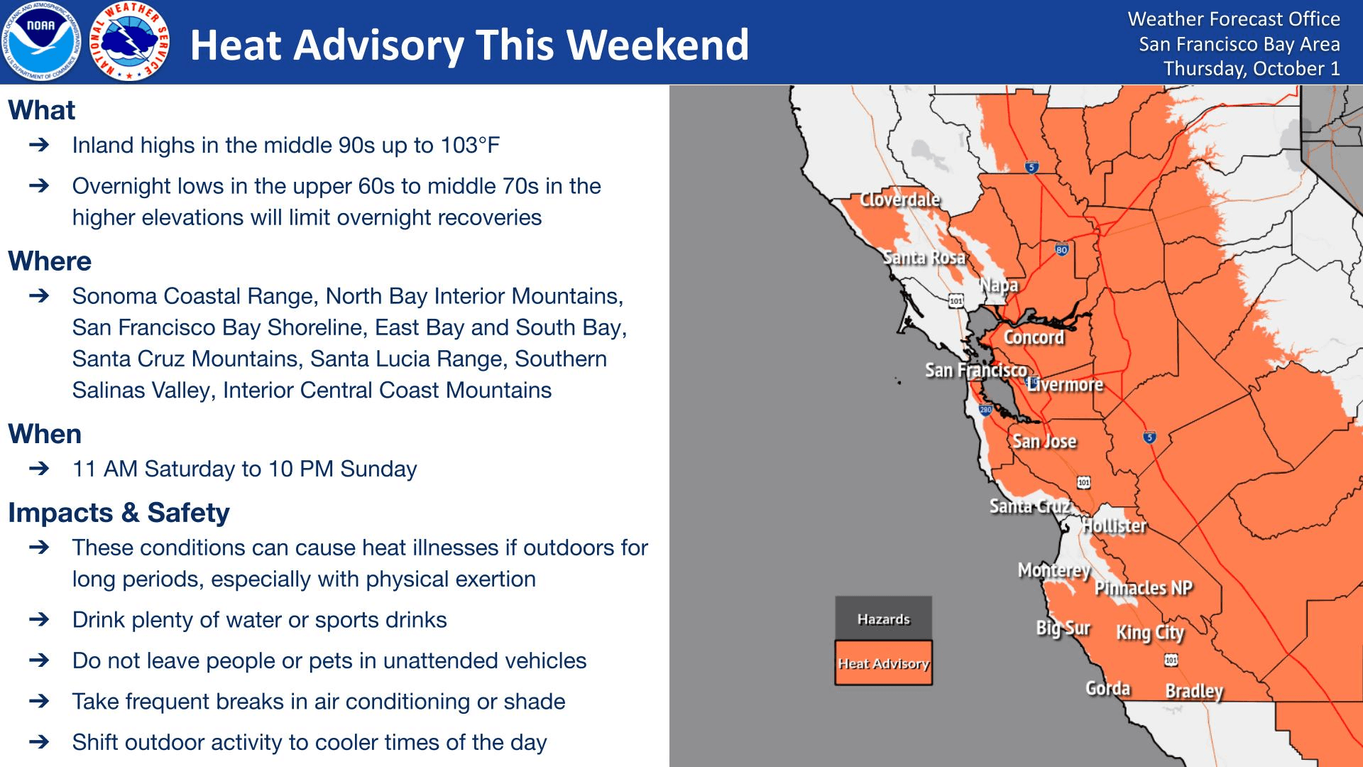 NWS map dated Oct. 1, 2026, highlights Bay Area and Central Coast heat-advisory areas, including the South Bay, for 11 a.m. Oct. 3 through 10 p.m. Oct. 4 PDT. Credit: NOAA/National Weather Service, San Francisco Bay Area (public domain).