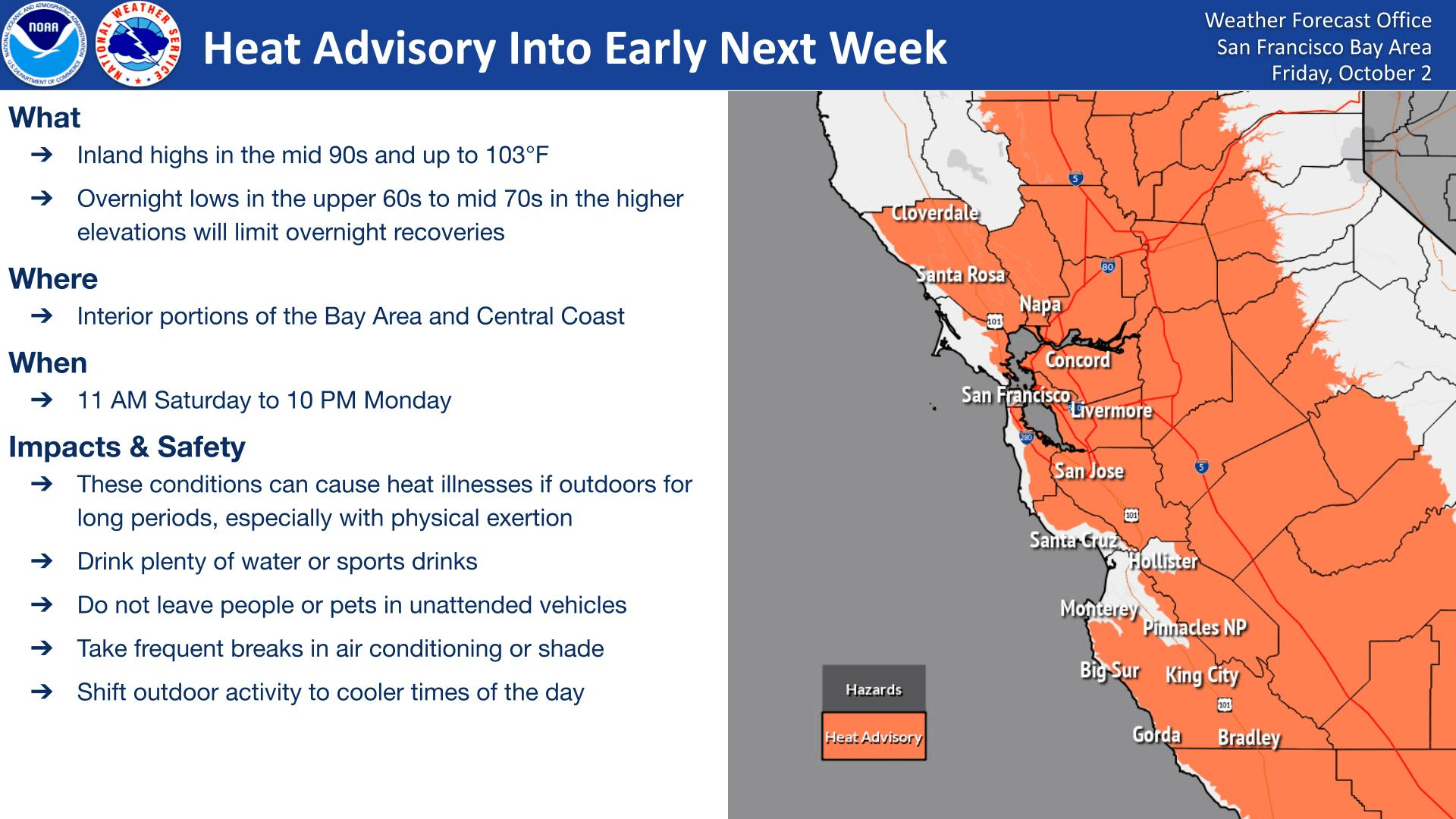 NWS map dated Oct. 2, 2026, highlights interior Bay Area and Central Coast heat-advisory areas for 11 a.m. PDT Oct. 3 through 10 p.m. PDT Oct. 5. Credit: NOAA/National Weather Service, San Francisco Bay Area (public domain).