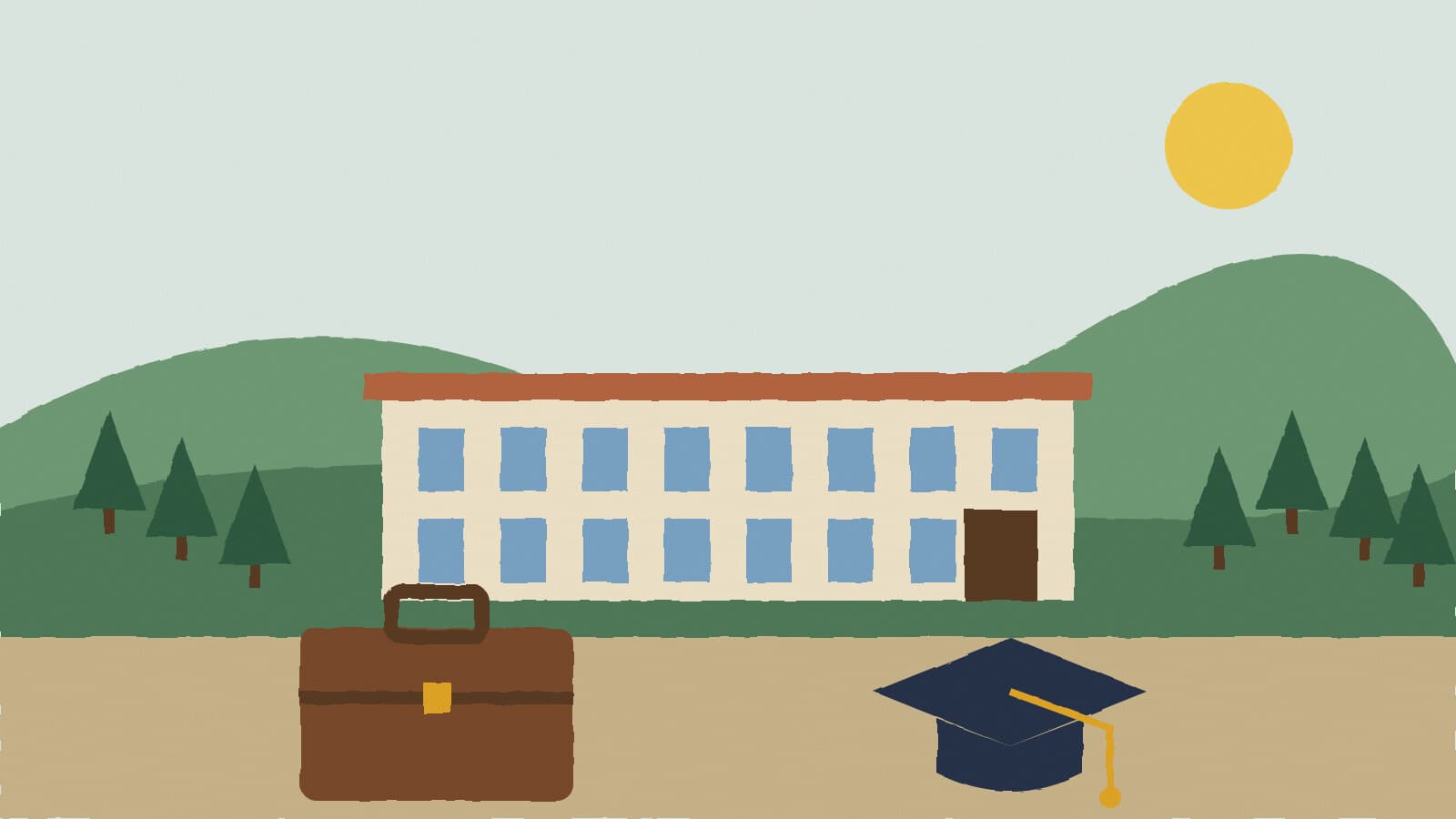 Hillside campus and briefcase - illustration, Jake Team LLC