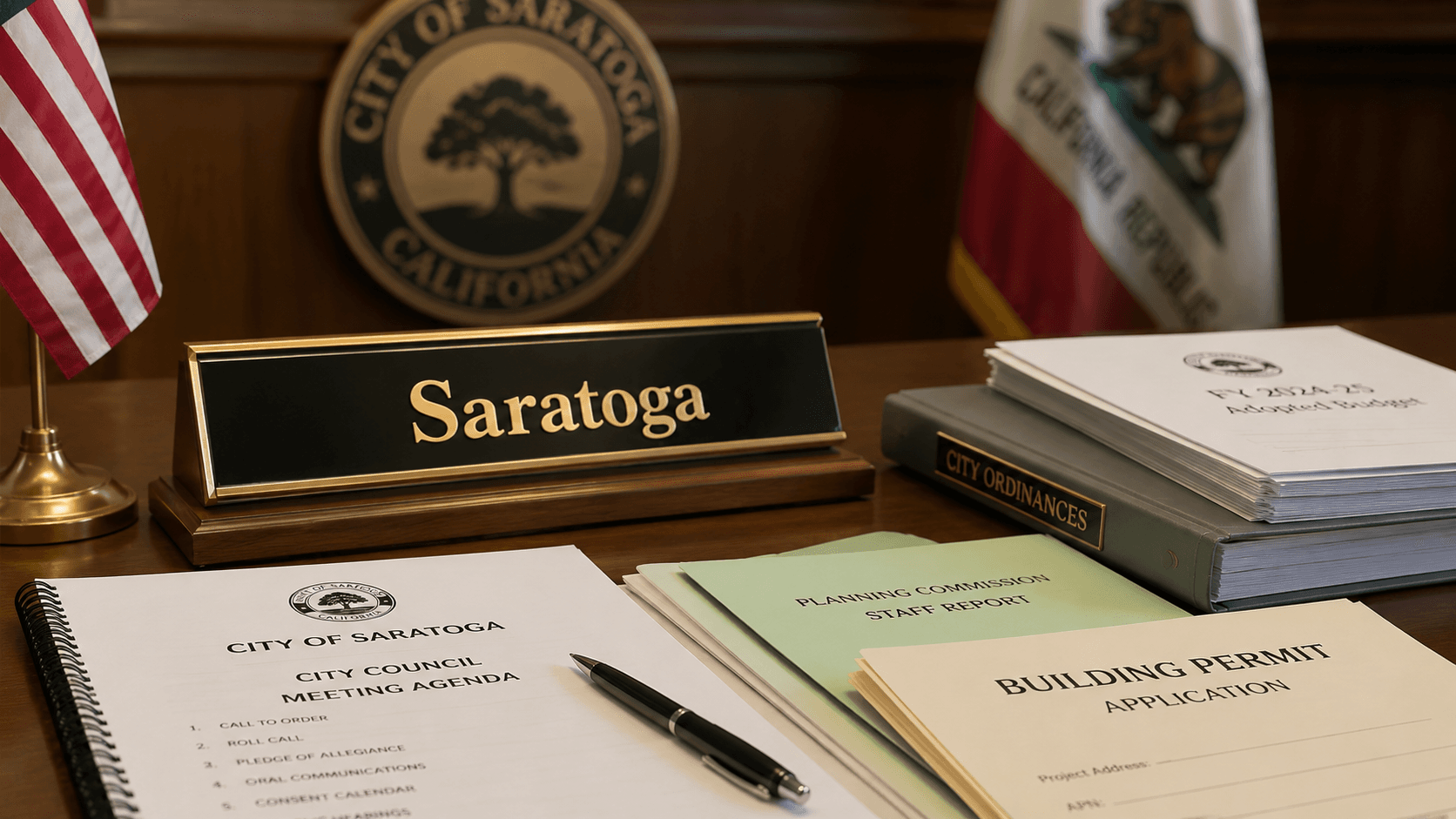 Saratoga California reviews permits, bills, and city agenda items - Illustration Jake Team LLC
