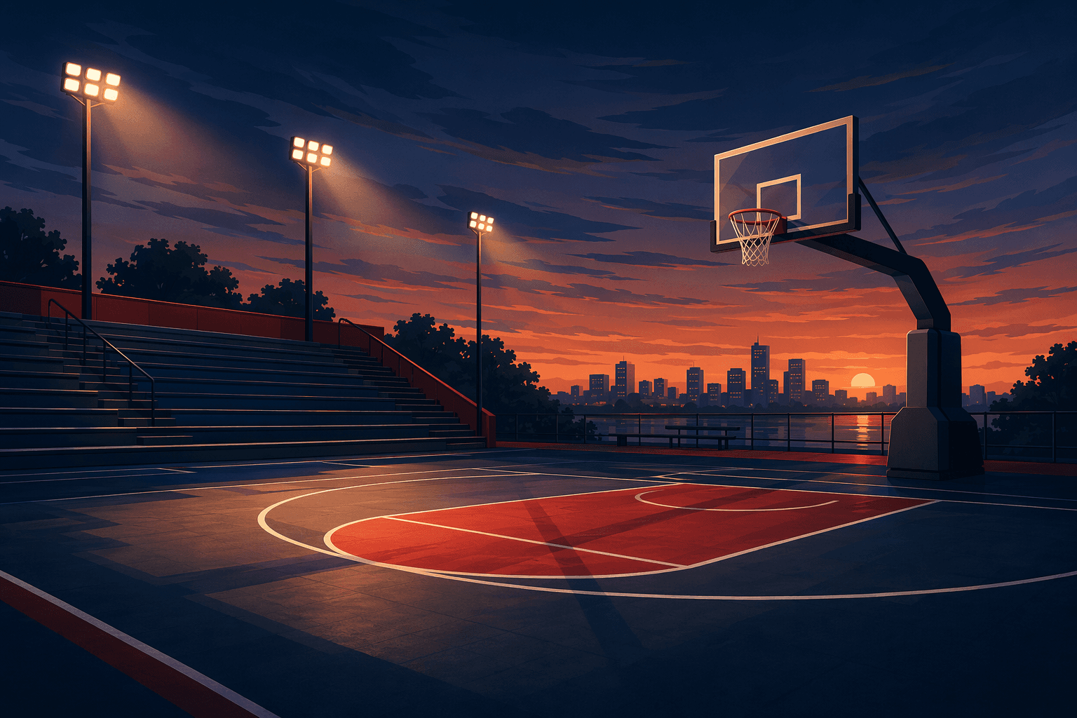 basketball court sunset - illustration, Jake Team LLC
